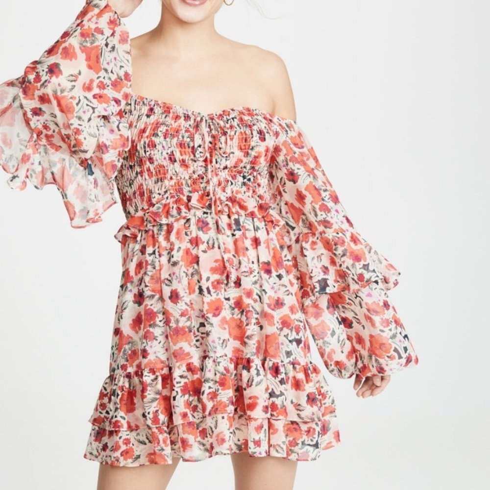 MISA Los Angeles Asra Red Floral Puff Sleeve Dress | US S - Picture 4 of 12